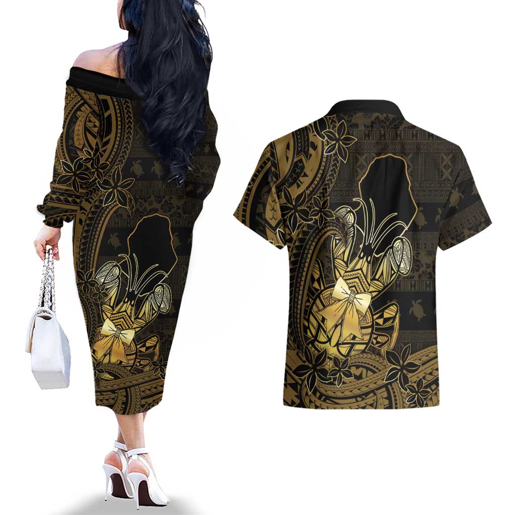 Niue Christmas Couples Matching Off The Shoulder Long Sleeve Dress and Hawaiian Shirt Niuean Crab Xmas Tribal Waves DT05 - Polynesian Pride