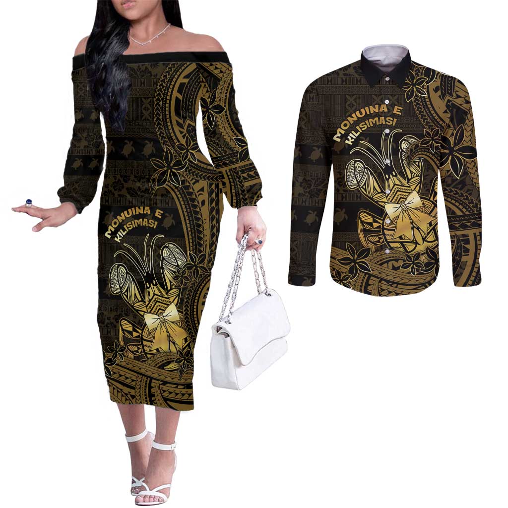 Niue Christmas Couples Matching Off The Shoulder Long Sleeve Dress and Long Sleeve Button Shirt Niuean Crab Xmas Tribal Waves - Polynesian Pride