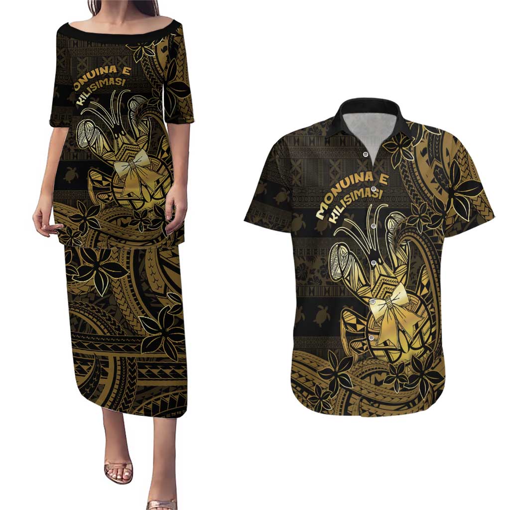 Niue Christmas Couples Matching Puletasi and Hawaiian Shirt Niuean Crab Xmas Tribal Waves DT05 Gold - Polynesian Pride