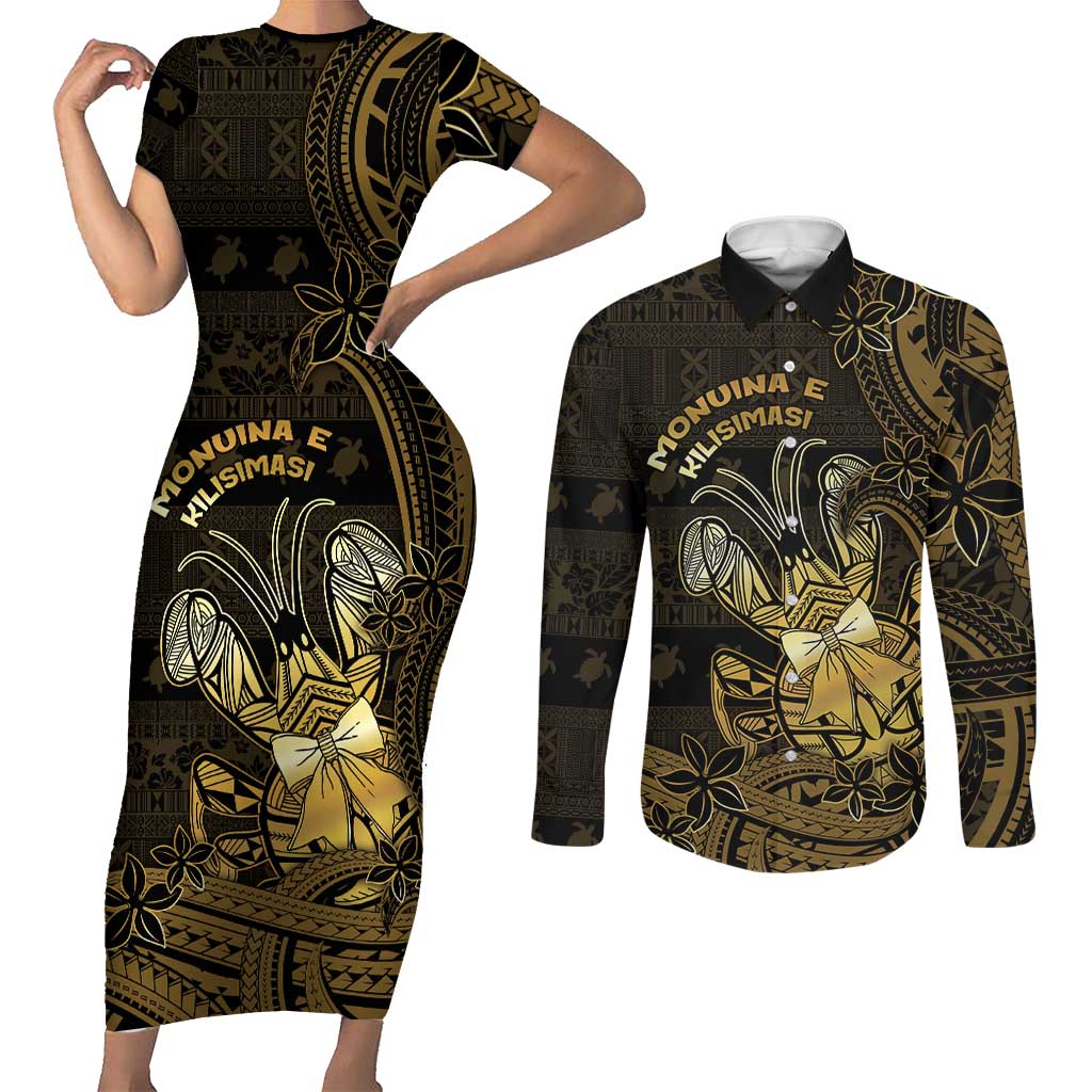 Niue Christmas Couples Matching Short Sleeve Bodycon Dress and Long Sleeve Button Shirt Niuean Crab Xmas Tribal Waves DT05 Gold - Polynesian Pride