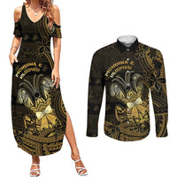Niue Christmas Couples Matching Summer Maxi Dress and Long Sleeve Button Shirt Niuean Crab Xmas Tribal Waves DT05 Gold - Polynesian Pride