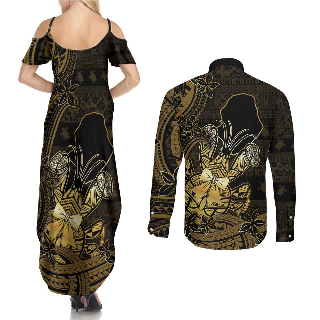 Niue Christmas Couples Matching Summer Maxi Dress and Long Sleeve Button Shirt Niuean Crab Xmas Tribal Waves DT05 - Polynesian Pride