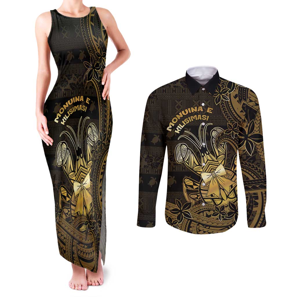 Niue Christmas Couples Matching Tank Maxi Dress and Long Sleeve Button Shirt Niuean Crab Xmas Tribal Waves - Polynesian Pride