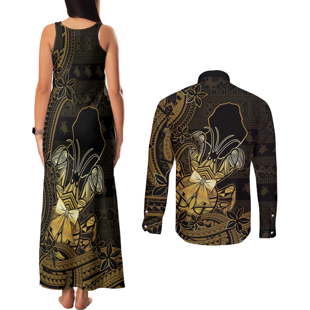 Niue Christmas Couples Matching Tank Maxi Dress and Long Sleeve Button Shirt Niuean Crab Xmas Tribal Waves DT05 - Polynesian Pride