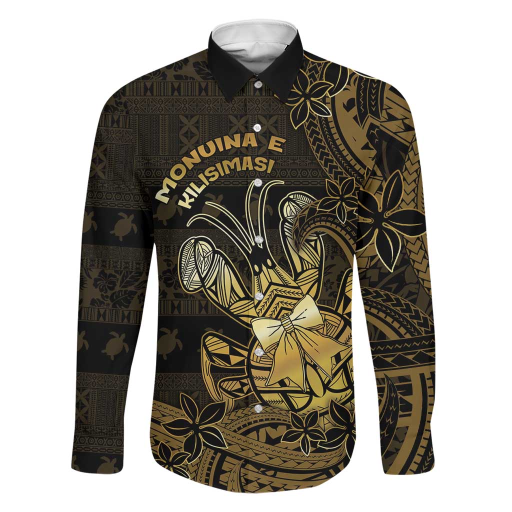 Niue Christmas Family Matching Long Sleeve Bodycon Dress and Hawaiian Shirt Niuean Crab Xmas Tribal Waves DT05 Dad's Shirt - Long Sleeve Gold - Polynesian Pride