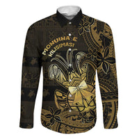 Niue Christmas Family Matching Off The Shoulder Long Sleeve Dress and Hawaiian Shirt Niuean Crab Xmas Tribal Waves DT05 Dad's Shirt - Long Sleeve Gold - Polynesian Pride