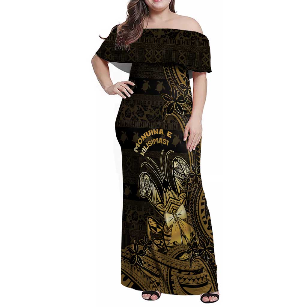 Niue Christmas Family Matching Off Shoulder Maxi Dress and Hawaiian Shirt Niuean Crab Xmas Tribal Waves DT05 Mom's Dress Gold - Polynesian Pride