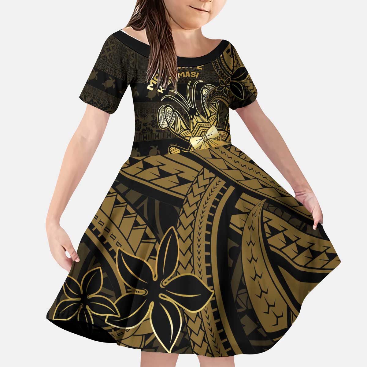 Niue Christmas Kid Short Sleeve Dress Niuean Crab Xmas Tribal Waves - Polynesian Pride