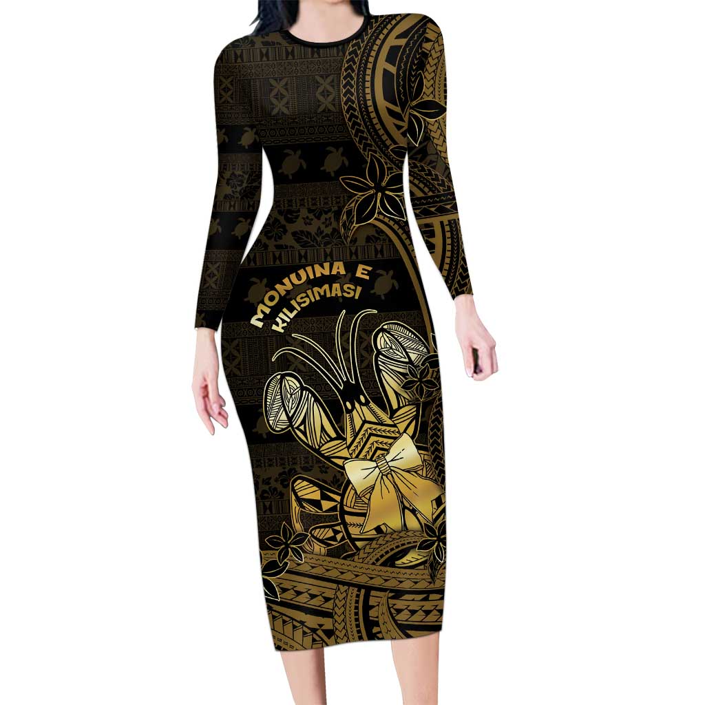 Niue Christmas Long Sleeve Bodycon Dress Niuean Crab Xmas Tribal Waves DT05 Long Dress Gold - Polynesian Pride