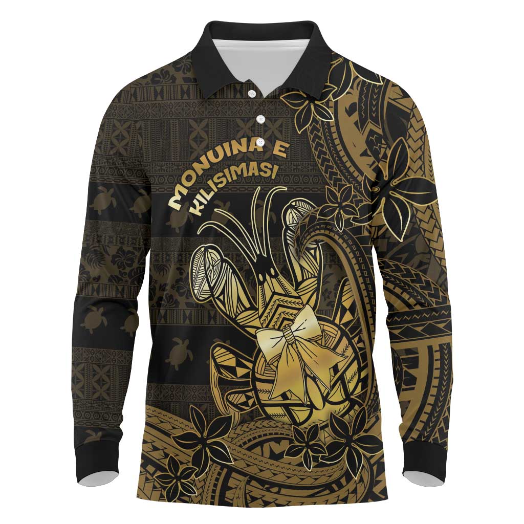 Niue Christmas Long Sleeve Polo Shirt Niuean Crab Xmas Tribal Waves DT05 Gold - Polynesian Pride