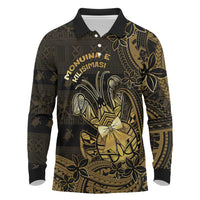 Niue Christmas Long Sleeve Polo Shirt Niuean Crab Xmas Tribal Waves DT05 Gold - Polynesian Pride
