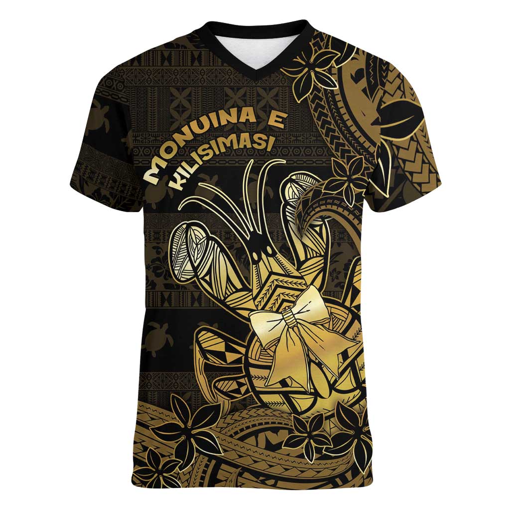 Niue Christmas Women V-Neck T-Shirt Niuean Crab Xmas Tribal Waves DT05 Female Gold - Polynesian Pride