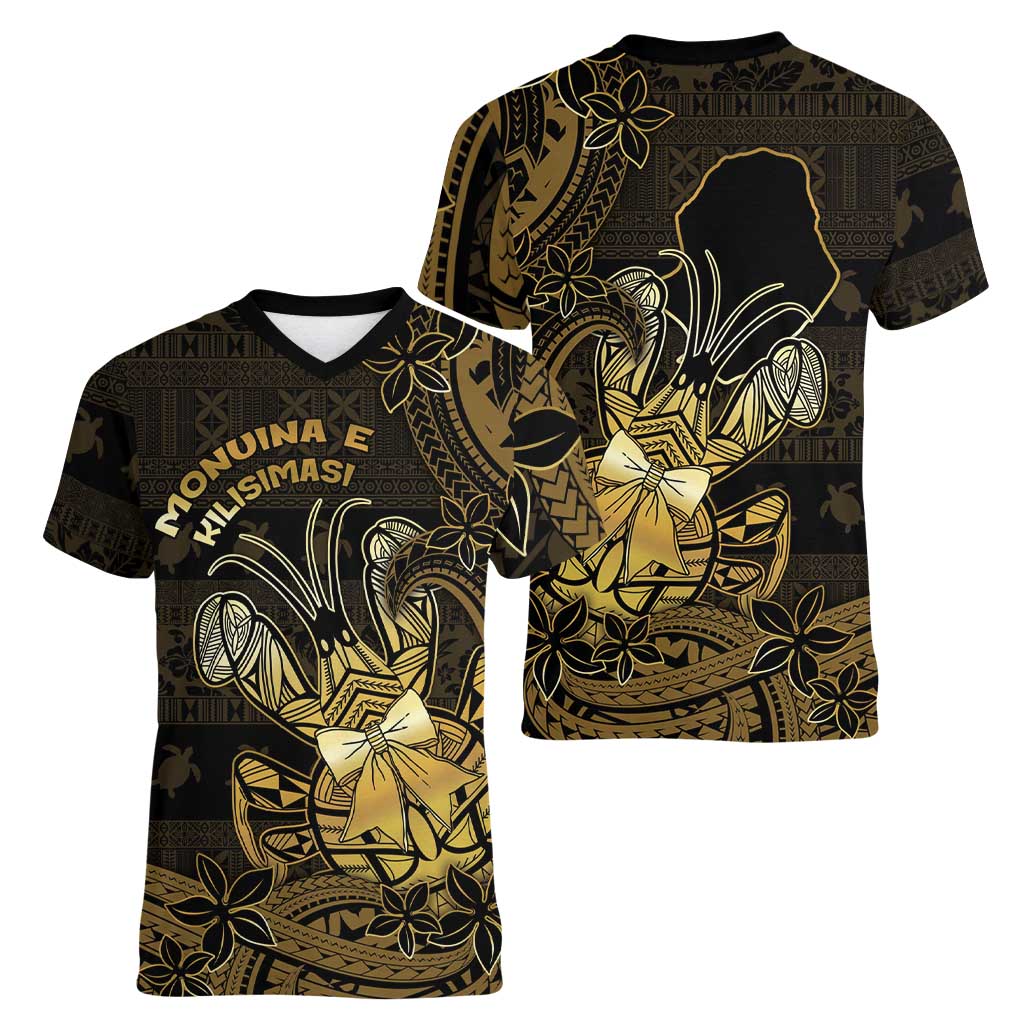Niue Christmas Women V-Neck T-Shirt Niuean Crab Xmas Tribal Waves DT05 - Polynesian Pride