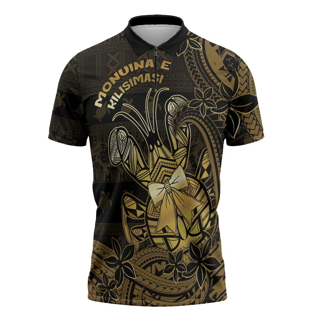 Niue Christmas Zipper Polo Shirt Niuean Crab Xmas Tribal Waves DT05 Gold - Polynesian Pride