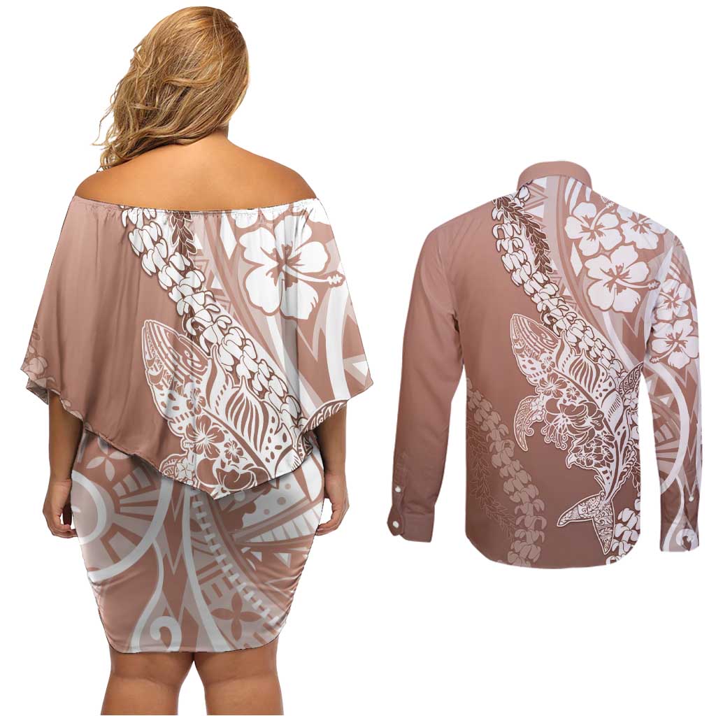 Hawaii Puakenikeni And Maile Lei Couples Matching Off Shoulder Short Dress and Long Sleeve Button Shirt Brown Polynesian Shark Tattoo DT05