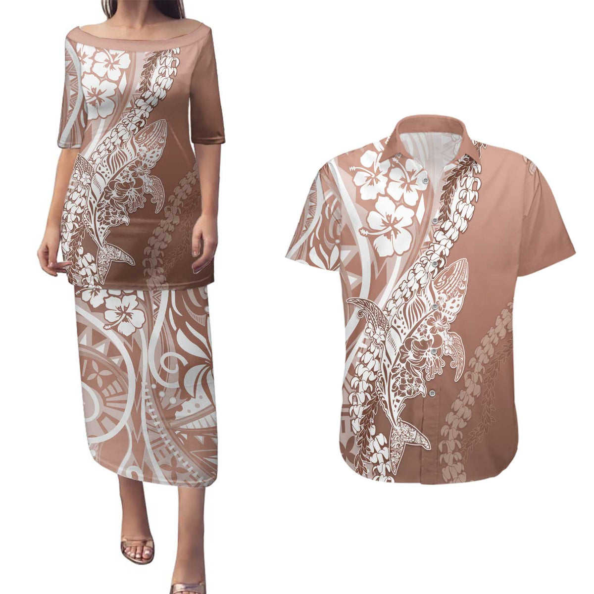 Hawaii Puakenikeni And Maile Lei Couples Matching Puletasi and Hawaiian Shirt Brown Polynesian Shark Tattoo DT05 Brown - Polynesian Pride