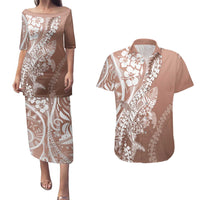 Hawaii Puakenikeni And Maile Lei Couples Matching Puletasi and Hawaiian Shirt Brown Polynesian Shark Tattoo DT05 Brown - Polynesian Pride