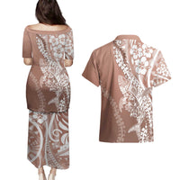 Hawaii Puakenikeni And Maile Lei Couples Matching Puletasi and Hawaiian Shirt Brown Polynesian Shark Tattoo DT05 - Polynesian Pride