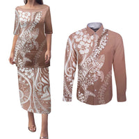 Hawaii Puakenikeni And Maile Lei Couples Matching Puletasi and Long Sleeve Button Shirt Brown Polynesian Shark Tattoo DT05 Brown - Polynesian Pride