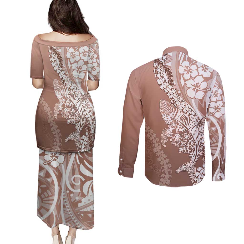 Hawaii Puakenikeni And Maile Lei Couples Matching Puletasi and Long Sleeve Button Shirt Brown Polynesian Shark Tattoo DT05 - Polynesian Pride