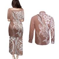 Hawaii Puakenikeni And Maile Lei Couples Matching Puletasi and Long Sleeve Button Shirt Brown Polynesian Shark Tattoo DT05 - Polynesian Pride