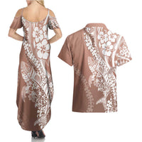 Hawaii Puakenikeni And Maile Lei Couples Matching Summer Maxi Dress and Hawaiian Shirt Brown Polynesian Shark Tattoo DT05