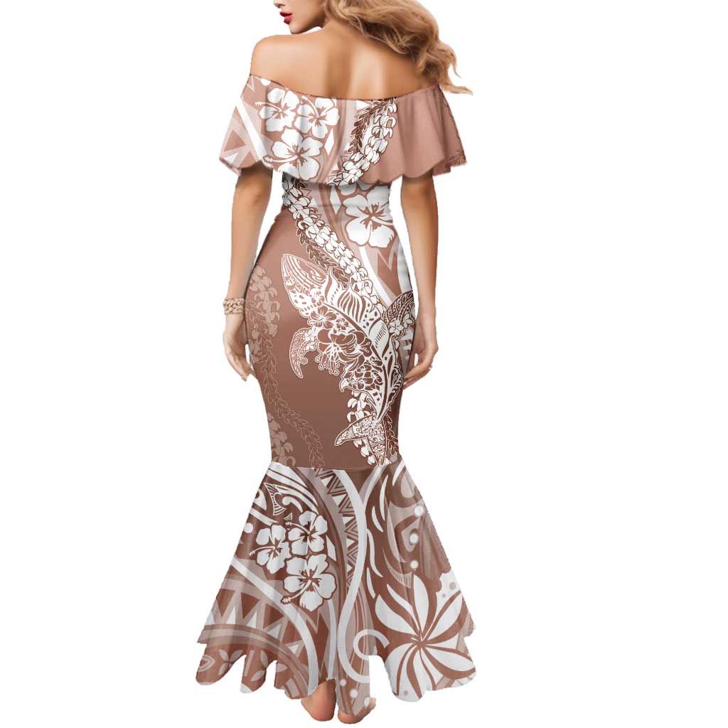 Hawaii Puakenikeni And Maile Lei Family Matching Mermaid Dress and Hawaiian Shirt Brown Polynesian Shark Tattoo DT05 - Polynesian Pride