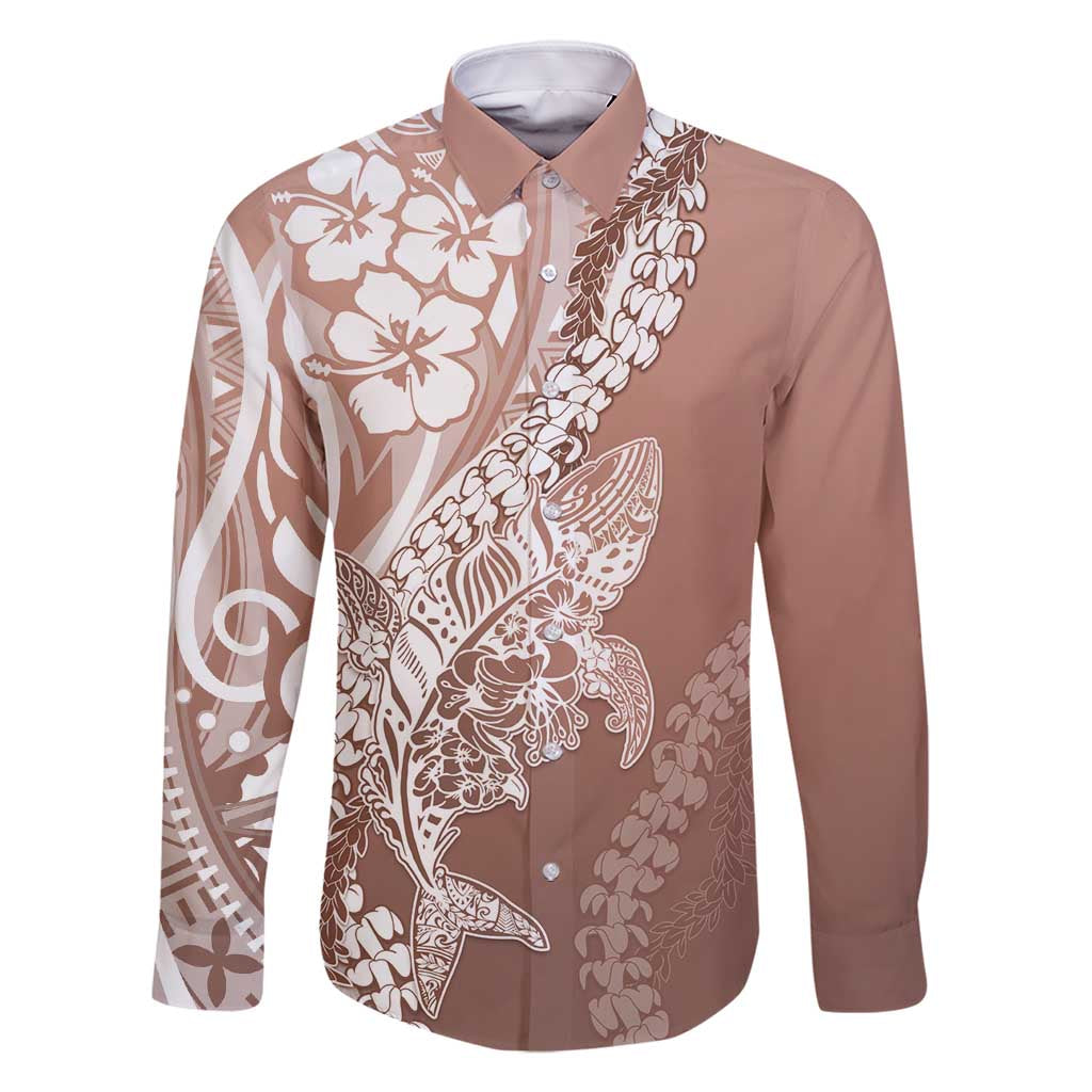 Hawaii Puakenikeni And Maile Lei Family Matching Off Shoulder Maxi Dress and Hawaiian Shirt Brown Polynesian Shark Tattoo DT05 Dad's Shirt - Long Sleeve Brown - Polynesian Pride