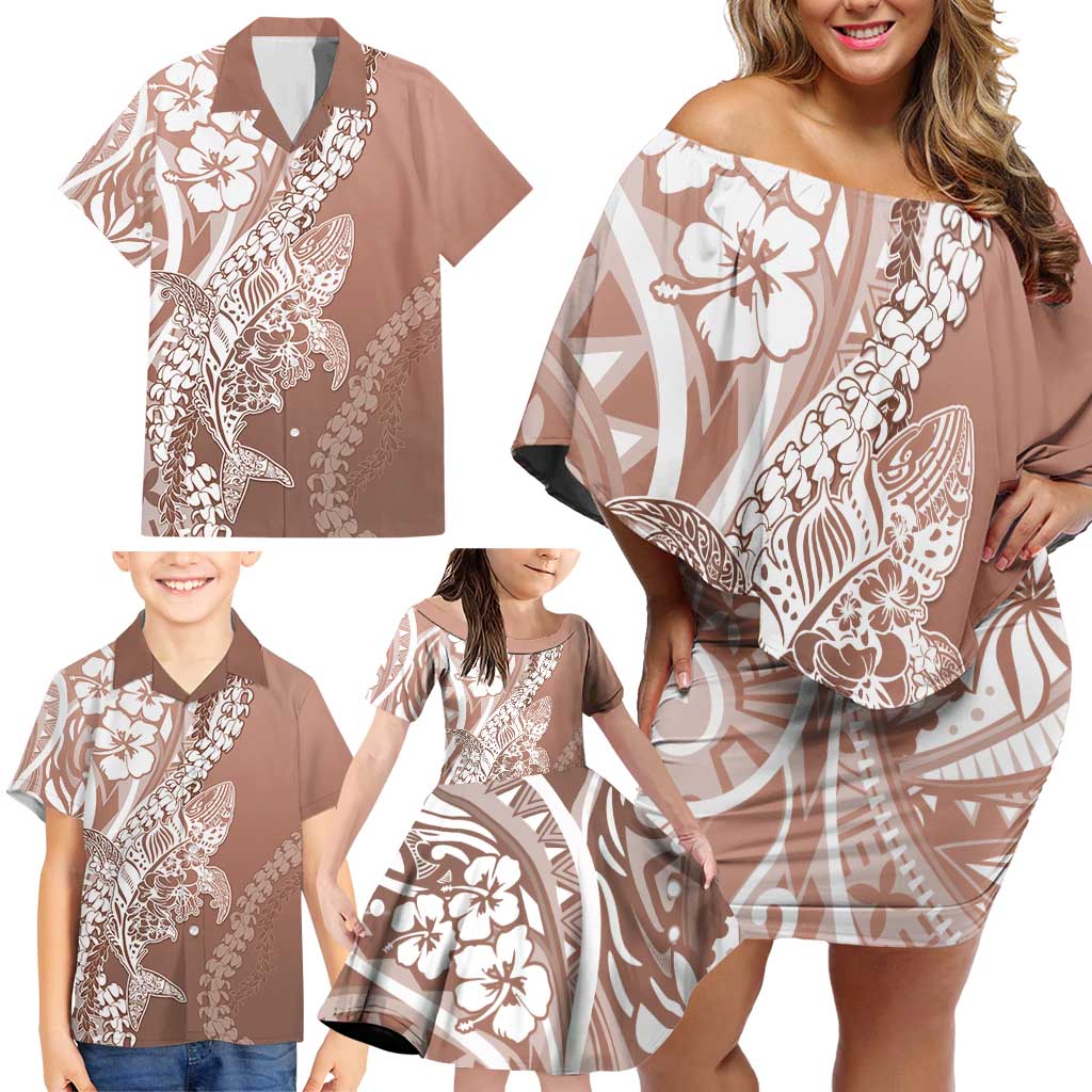 Hawaii Puakenikeni And Maile Lei Family Matching Off Shoulder Short Dress and Hawaiian Shirt Brown Polynesian Shark Tattoo DT05
