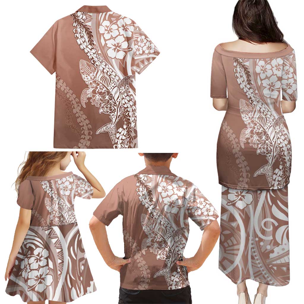 Hawaii Puakenikeni And Maile Lei Family Matching Puletasi and Hawaiian Shirt Brown Polynesian Shark Tattoo DT05 - Polynesian Pride