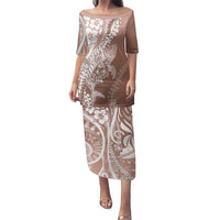 Hawaii Puakenikeni And Maile Lei Family Matching Puletasi and Hawaiian Shirt Brown Polynesian Shark Tattoo DT05 Mom's Dress Brown - Polynesian Pride