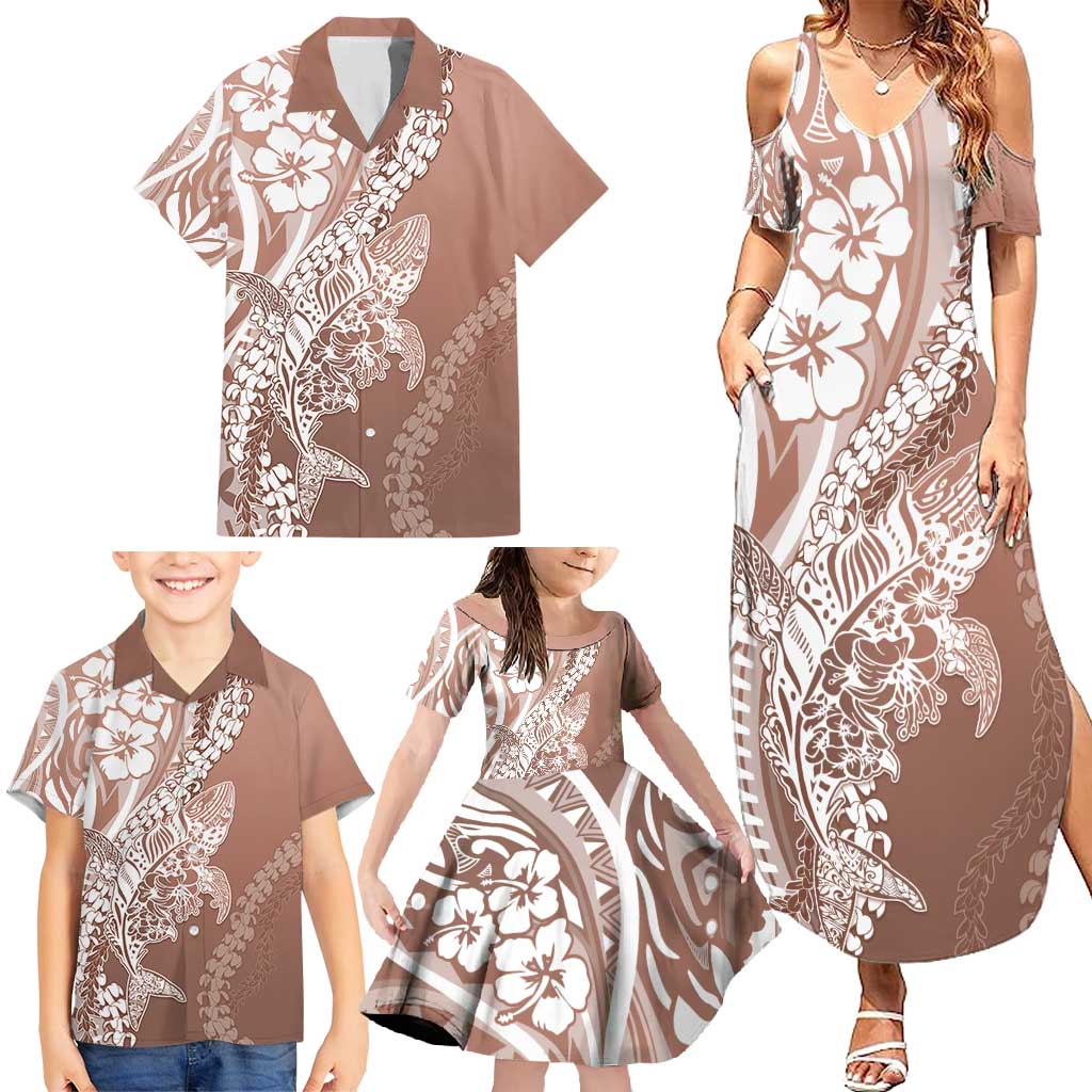 Hawaii Puakenikeni And Maile Lei Family Matching Summer Maxi Dress and Hawaiian Shirt Brown Polynesian Shark Tattoo DT05 - Polynesian Pride