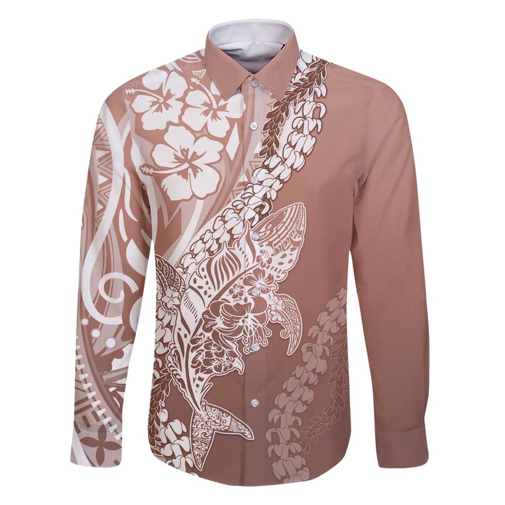 Hawaii Puakenikeni And Maile Lei Family Matching Summer Maxi Dress and Hawaiian Shirt Brown Polynesian Shark Tattoo DT05 Dad's Shirt - Long Sleeve Brown - Polynesian Pride