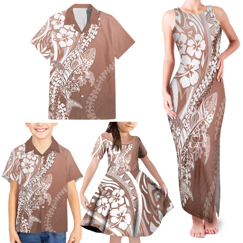 Hawaii Puakenikeni And Maile Lei Family Matching Tank Maxi Dress and Hawaiian Shirt Brown Polynesian Shark Tattoo DT05