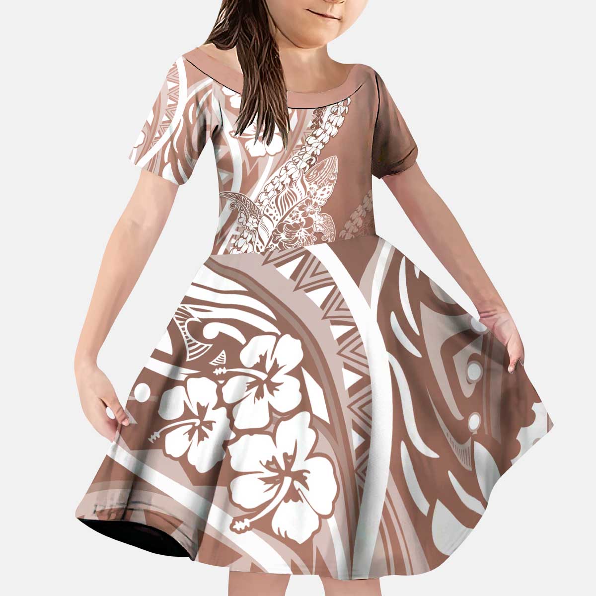 Hawaii Puakenikeni And Maile Lei Kid Short Sleeve Dress Brown Polynesian Shark Tattoo DT05 KID Brown - Polynesian Pride