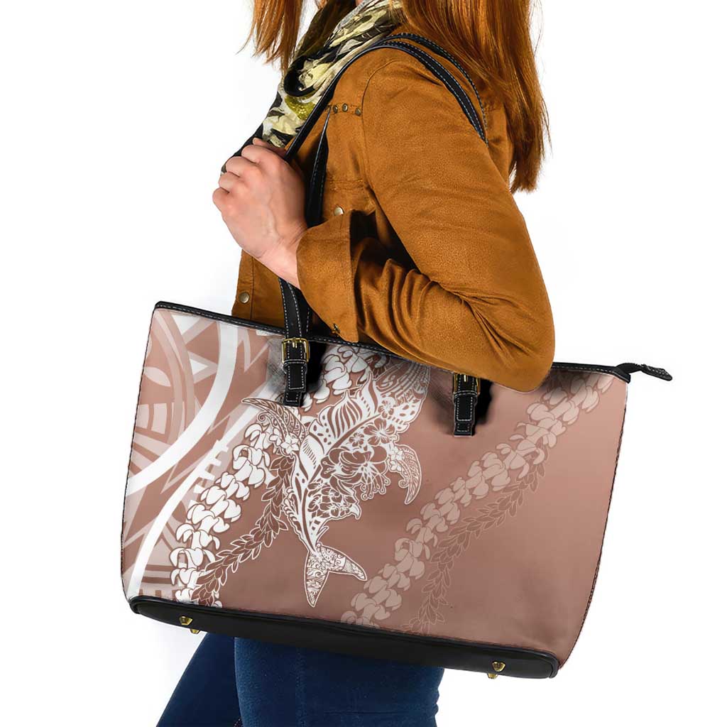 Hawaii Puakenikeni And Maile Lei Leather Tote Bag Brown Polynesian Shark Tattoo DT05