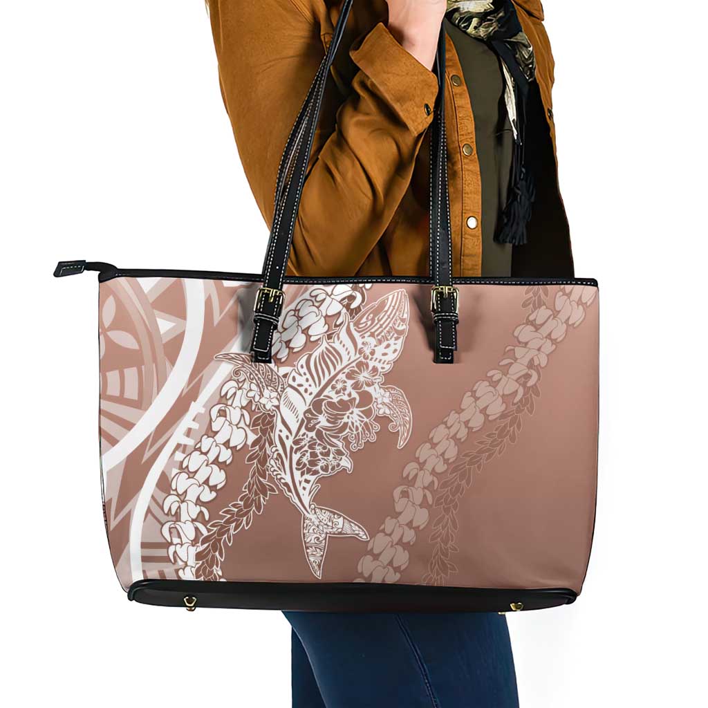 Hawaii Puakenikeni And Maile Lei Leather Tote Bag Brown Polynesian Shark Tattoo DT05