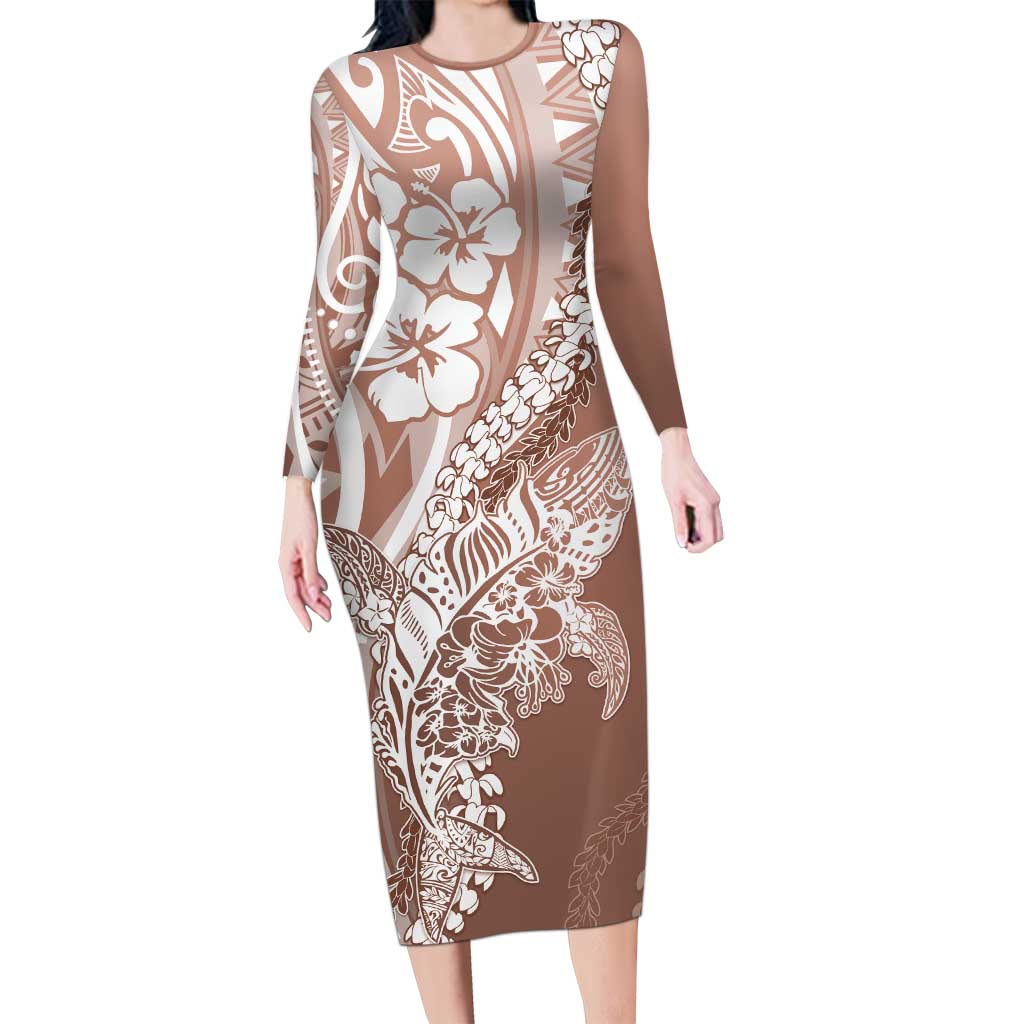 Hawaii Puakenikeni And Maile Lei Long Sleeve Bodycon Dress Brown Polynesian Shark Tattoo DT05 Long Dress Brown - Polynesian Pride