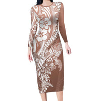 Hawaii Puakenikeni And Maile Lei Long Sleeve Bodycon Dress Brown Polynesian Shark Tattoo DT05 Long Dress Brown - Polynesian Pride