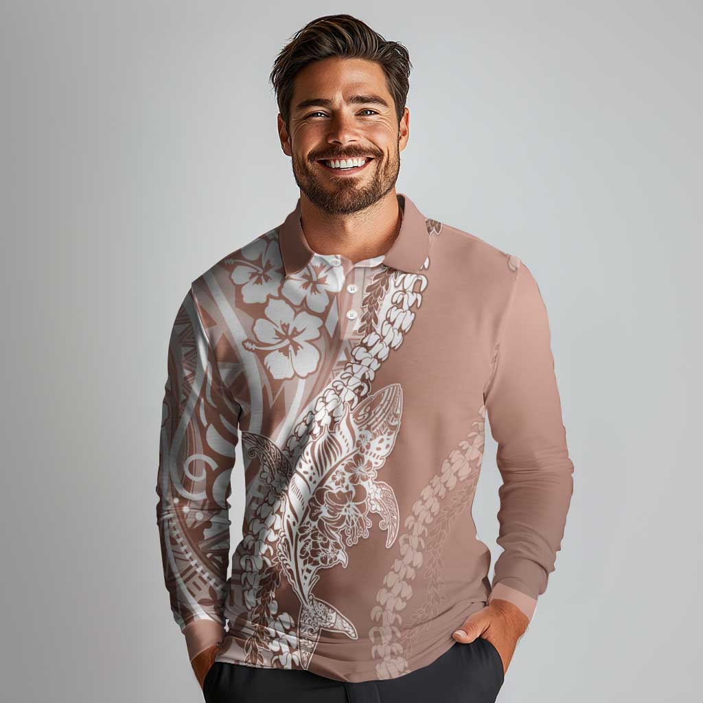 Hawaii Puakenikeni And Maile Lei Long Sleeve Polo Shirt Brown Polynesian Shark Tattoo DT05 - Polynesian Pride