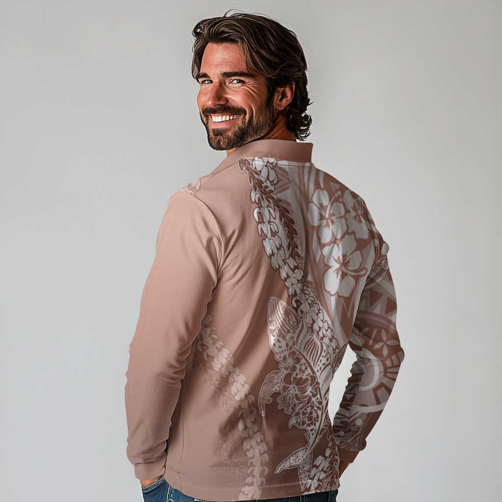 Hawaii Puakenikeni And Maile Lei Long Sleeve Polo Shirt Brown Polynesian Shark Tattoo DT05 - Polynesian Pride