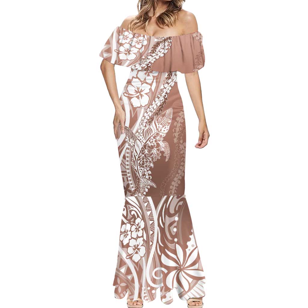 Hawaii Puakenikeni And Maile Lei Mermaid Dress Brown Polynesian Shark Tattoo DT05 - Polynesian Pride