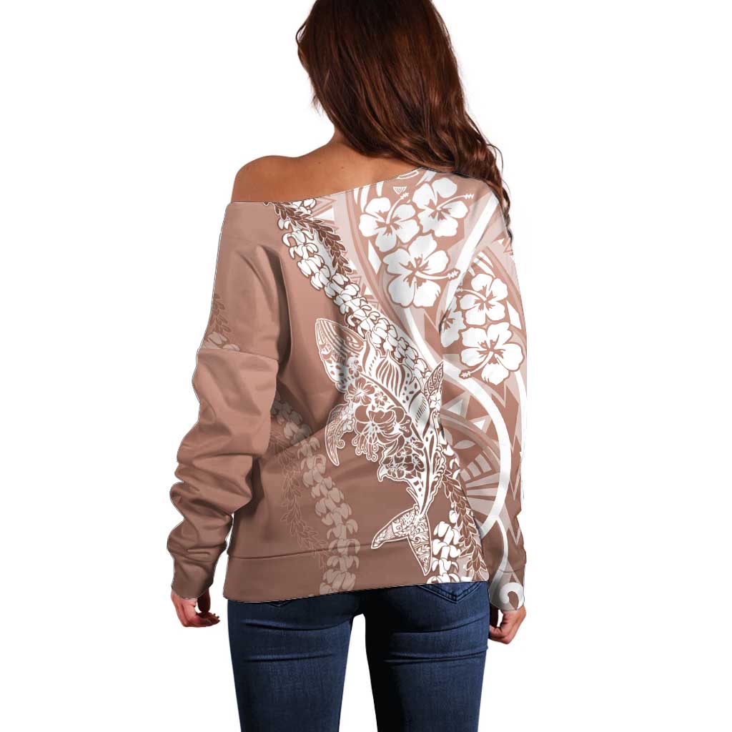 Hawaii Puakenikeni And Maile Lei Off Shoulder Sweater Brown Polynesian Shark Tattoo DT05