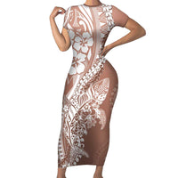 Hawaii Puakenikeni And Maile Lei Short Sleeve Bodycon Dress Brown Polynesian Shark Tattoo DT05 Long Dress Brown - Polynesian Pride