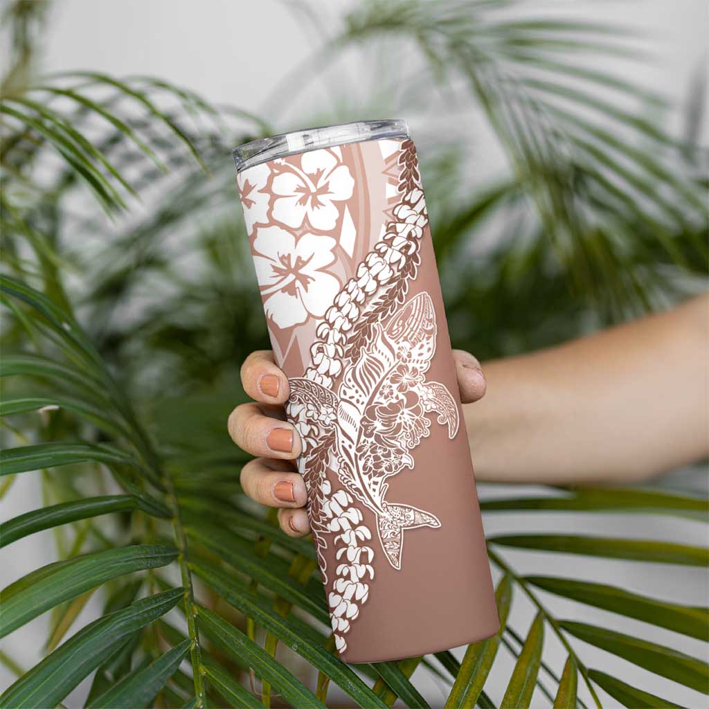 Hawaii Puakenikeni And Maile Lei Skinny Tumbler Brown Polynesian Shark Tattoo DT05 - Polynesian Pride