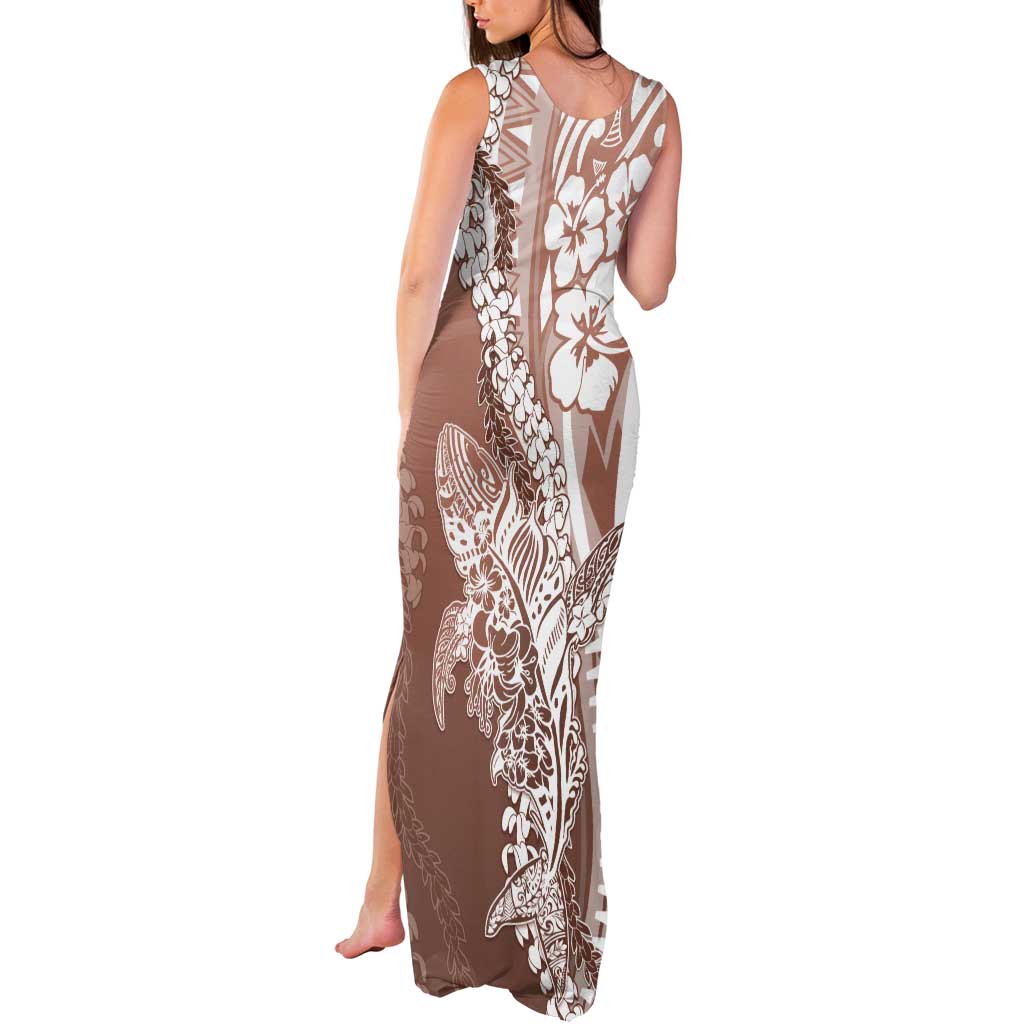 Hawaii Puakenikeni And Maile Lei Tank Maxi Dress Brown Polynesian Shark Tattoo DT05 - Polynesian Pride