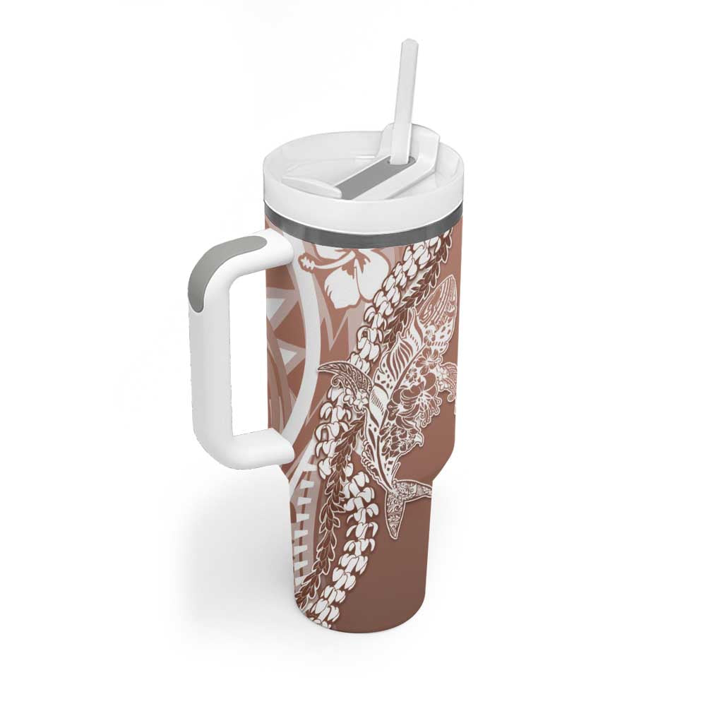 Hawaii Puakenikeni And Maile Lei Tumbler With Handle Brown Polynesian Shark Tattoo DT05