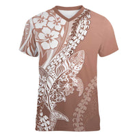 Hawaii Puakenikeni And Maile Lei Women V-Neck T-Shirt Brown Polynesian Shark Tattoo DT05 Female Brown - Polynesian Pride