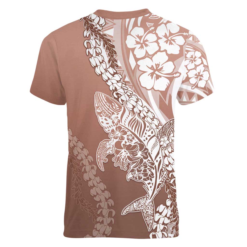 Hawaii Puakenikeni And Maile Lei Women V-Neck T-Shirt Brown Polynesian Shark Tattoo DT05 - Polynesian Pride