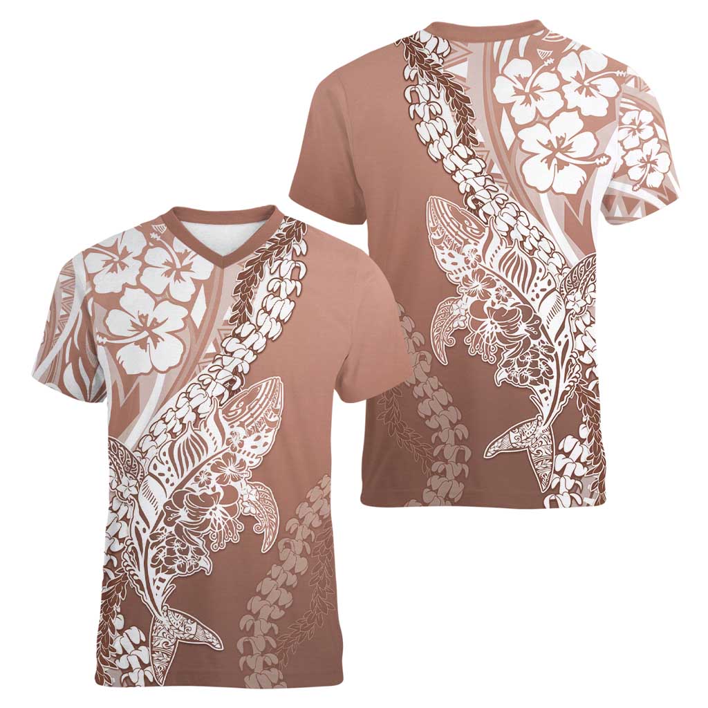 Hawaii Puakenikeni And Maile Lei Women V-Neck T-Shirt Brown Polynesian Shark Tattoo DT05 - Polynesian Pride